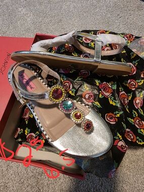 Betsey Johnson Silver T-Strap Sandals with Multicolored Gem Accents